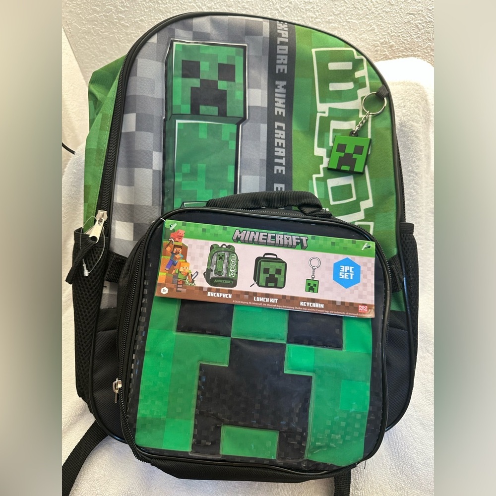 Minecraft Creeper 17" Backpack and Lunch Bag Set, 3-Piece, Black Green —NWT